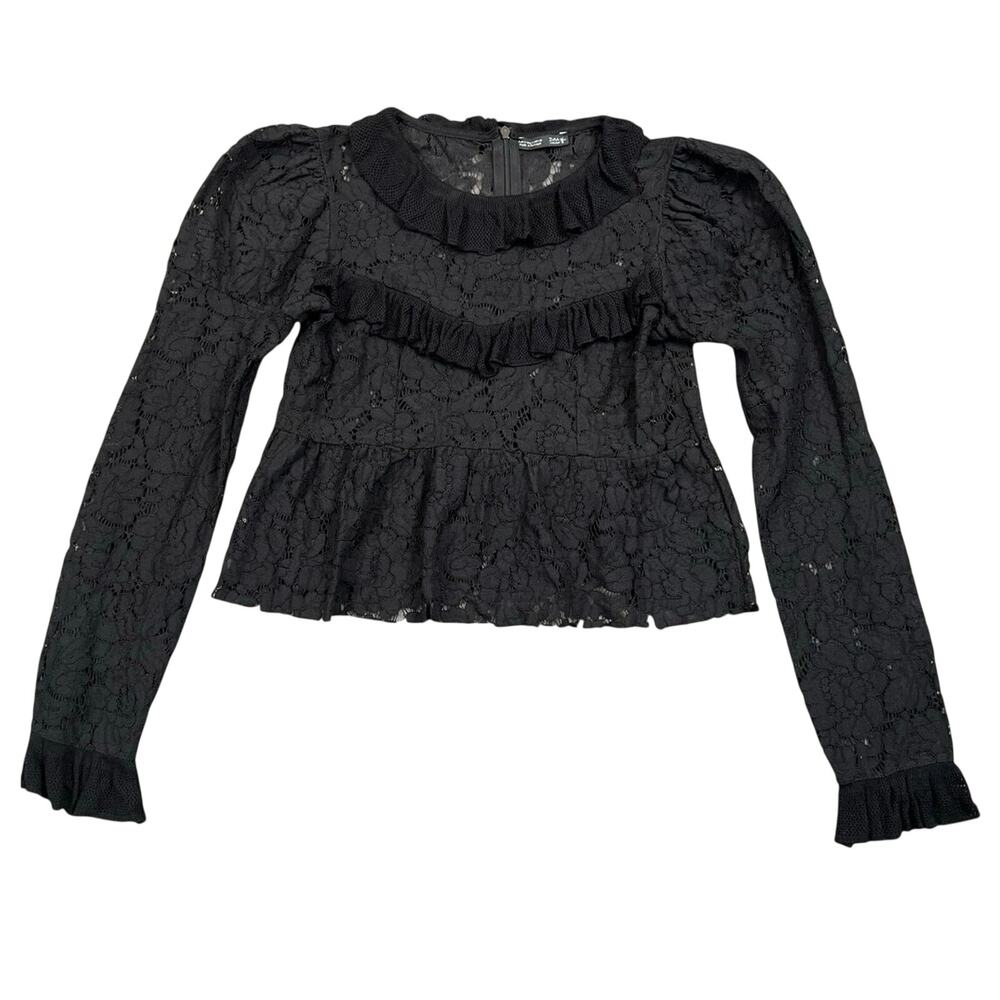 Zara Collection Black Lace Ruffle Cropped Top Puff Sleeve Blouse Romance Goth S